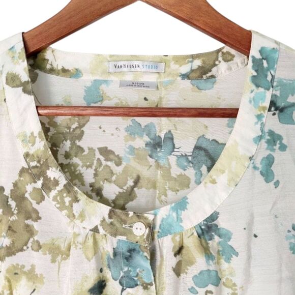 Van Heusen Artsy Watercolor Floral Smock Blouse Cap Sleeve Earthy Green Top Sz M - Picture 9 of 14
